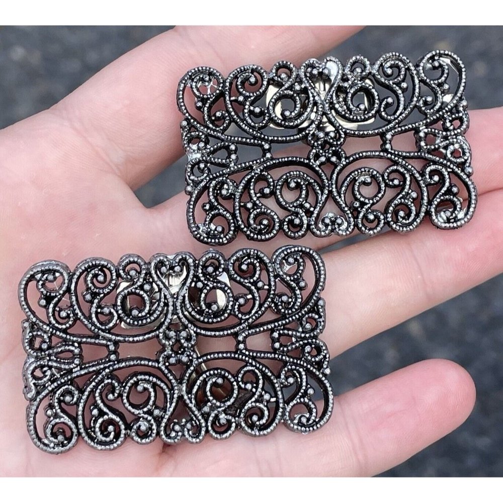 Vintage Gray Steel Colored Metal Shoe Clips Victorian Style Ornate